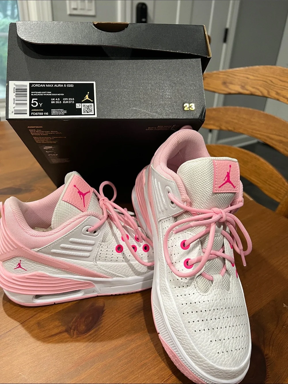 Jordan Max Aura 5 Big Girls White & Pink Sneakers